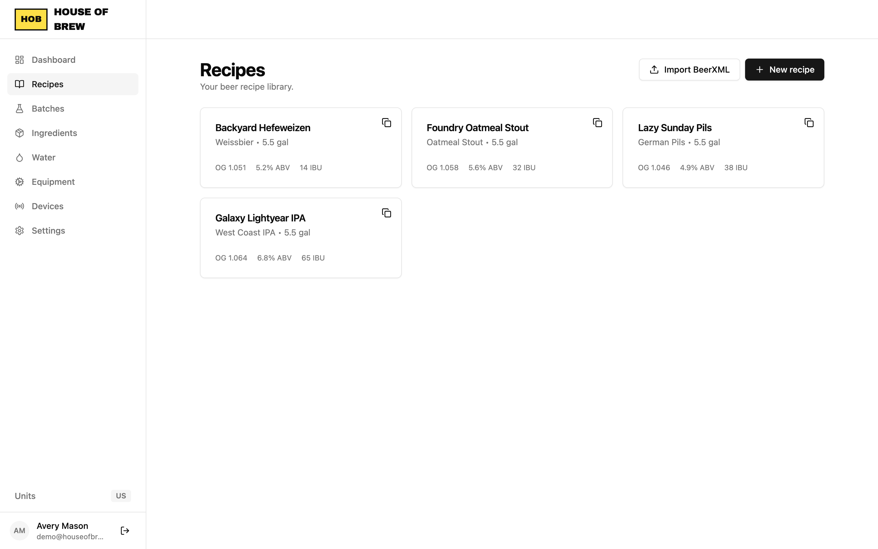 One-click BeerXML import from the recipe library